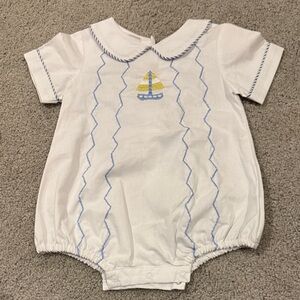 Classic White Baby One-Piece Bodysuit with Blue Trim and Sailboat